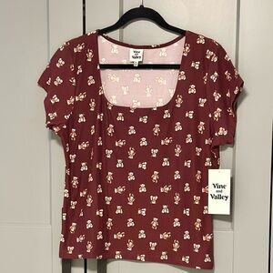 2xTeddy Bear Print Square Neck Short Sleeve Top NWT Stretch Soft Girl Y2K